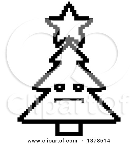 Clipart of a Black and White Serious Christmas Tree Character in 8 Bit Style - Royalty Free Vector Illustration by Cory Thoman