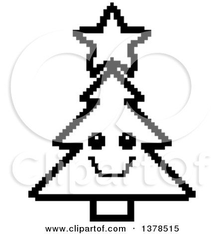 Clipart of a Black and White Happy Christmas Tree Character in 8 Bit Style - Royalty Free Vector Illustration by Cory Thoman