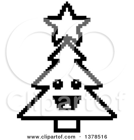Clipart of a Black and White Happy Christmas Tree Character in 8 Bit Style - Royalty Free Vector Illustration by Cory Thoman