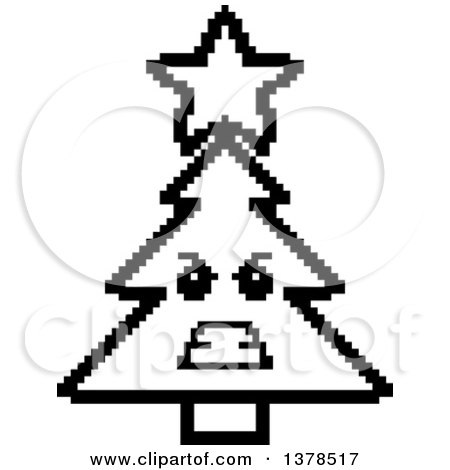 Clipart of a Black and White Mad Christmas Tree Character in 8 Bit Style - Royalty Free Vector Illustration by Cory Thoman