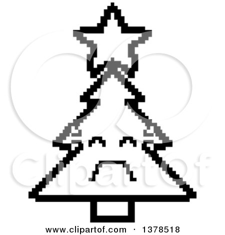 Clipart of a Black and White Crying Christmas Tree Character in 8 Bit Style - Royalty Free Vector Illustration by Cory Thoman