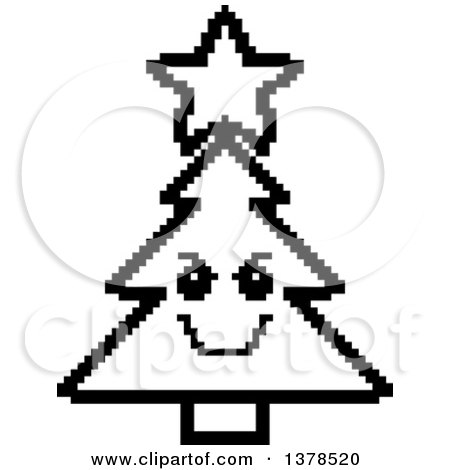 Clipart of a Black and White Grinning Evil Christmas Tree Character in 8 Bit Style - Royalty Free Vector Illustration by Cory Thoman