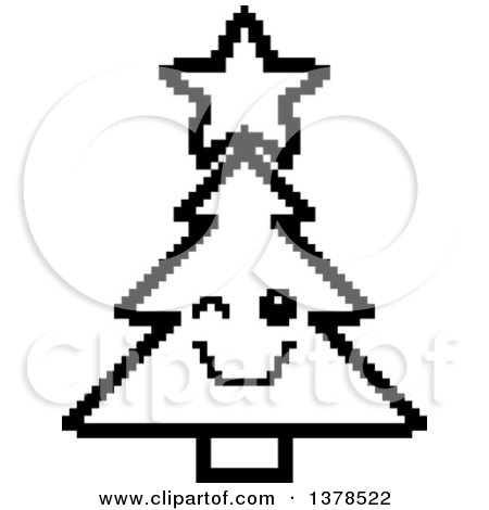 Clipart of a Black and White Winking Christmas Tree Character in 8 Bit Style - Royalty Free Vector Illustration by Cory Thoman