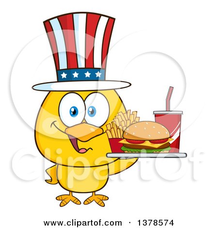 Clipart of a Yellow Chick Holding a Tray of Fast Food and Wearing an American Top Hat - Royalty Free Vector Illustration by Hit Toon