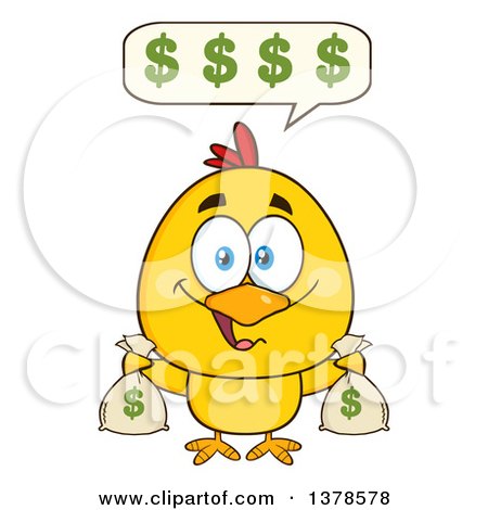 Clipart of a Yellow Rich Chick Talking and Holding Money Bags - Royalty Free Vector Illustration by Hit Toon