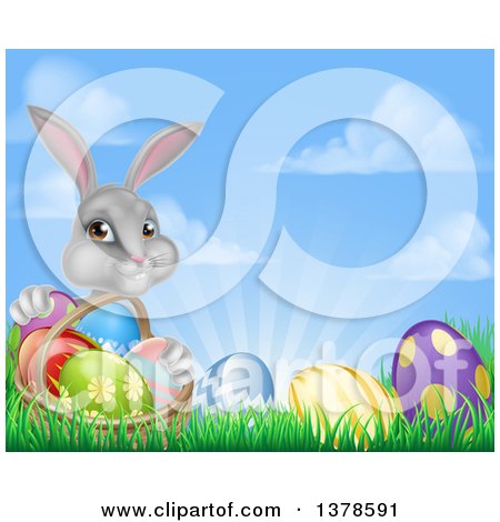 Clipart of a Happy Gray Easter Bunny with a Basket of Eggs and Flowers in the Grass, Against Sky - Royalty Free Vector Illustration by AtStockIllustration