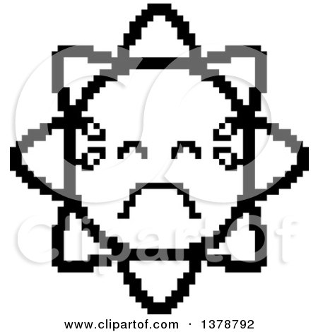 Clipart of a Black and White Crying Sun Character in 8 Bit Style - Royalty Free Vector Illustration by Cory Thoman