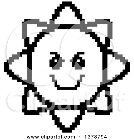 Clipart of a Black and White Grinning Evil Sun Character in 8 Bit Style - Royalty Free Vector Illustration by Cory Thoman