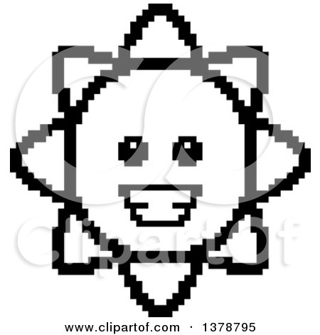 Clipart of a Black and White Happy Sun Character in 8 Bit Style - Royalty Free Vector Illustration by Cory Thoman