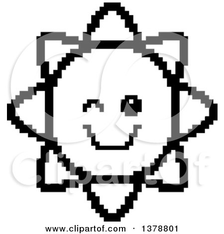 Clipart of a Black and White Winking Sun Character in 8 Bit Style - Royalty Free Vector Illustration by Cory Thoman