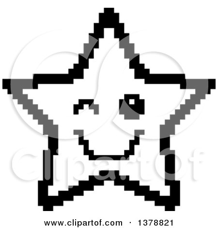 Clipart of a Black and White Winking Star Character in 8 Bit Style - Royalty Free Vector Illustration by Cory Thoman