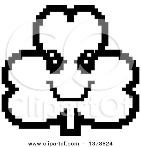 Clipart of a Black and White Grinning Evil Clover Shamrock Character in 8 Bit Style - Royalty Free Vector Illustration by Cory Thoman
