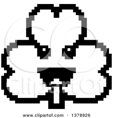 Clipart of a Black and White Happy Clover Shamrock Character in 8 Bit Style - Royalty Free Vector Illustration by Cory Thoman