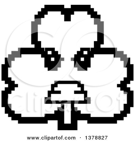 Clipart of a Black and White Mad Clover Shamrock Character in 8 Bit Style - Royalty Free Vector Illustration by Cory Thoman