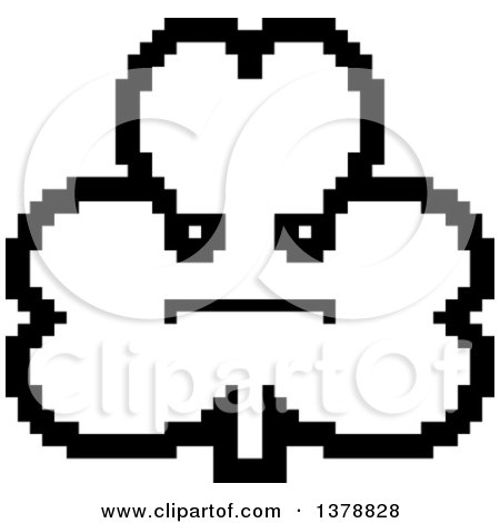 Clipart of a Black and White Serious Clover Shamrock Character in 8 Bit Style - Royalty Free Vector Illustration by Cory Thoman