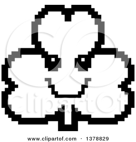 Clipart of a Black and White Happy Clover Shamrock Character in 8 Bit Style - Royalty Free Vector Illustration by Cory Thoman