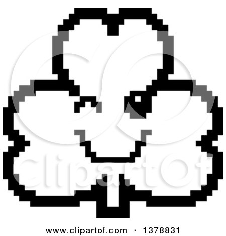 Clipart of a Black and White Winking Clover Shamrock Character in 8 Bit Style - Royalty Free Vector Illustration by Cory Thoman
