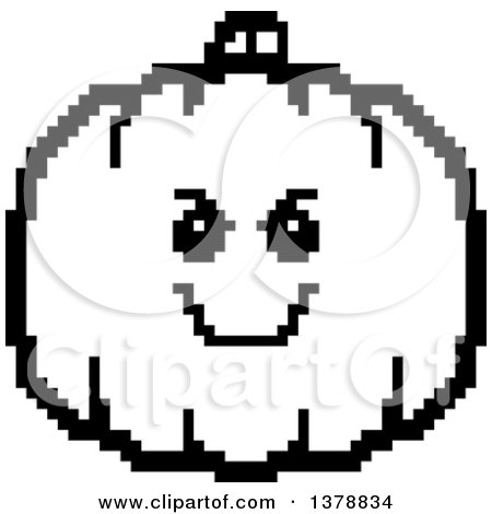 Clipart of a Black and White Grinning Evil Pumpkin Character in 8 Bit Style - Royalty Free Vector Illustration by Cory Thoman