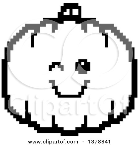 Clipart of a Black and White Winking Pumpkin Character in 8 Bit Style - Royalty Free Vector Illustration by Cory Thoman