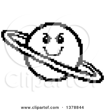 Clipart of a Black and White Grinning Evil Planet Character in 8 Bit Style - Royalty Free Vector Illustration by Cory Thoman