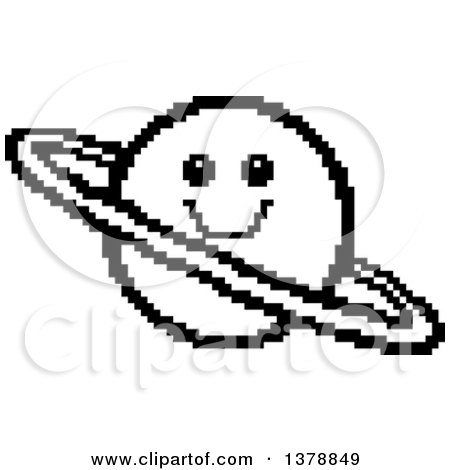 Clipart of a Black and White Happy Planet Character in 8 Bit Style - Royalty Free Vector Illustration by Cory Thoman