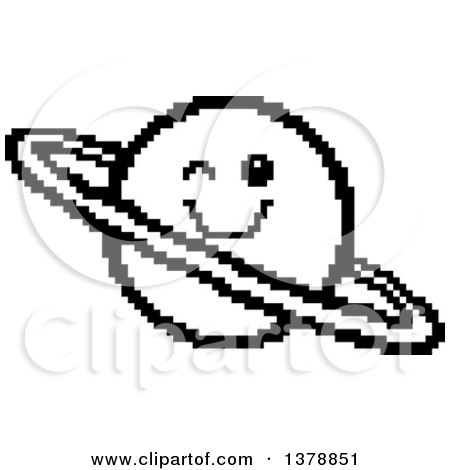 Clipart of a Black and White Winking Planet Character in 8 Bit Style - Royalty Free Vector Illustration by Cory Thoman