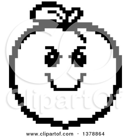 Clipart of a Black and White Grinning Evil Peach Character in 8 Bit Style - Royalty Free Vector Illustration by Cory Thoman