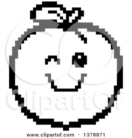 Clipart of a Black and White Winking Peach Character in 8 Bit Style - Royalty Free Vector Illustration by Cory Thoman