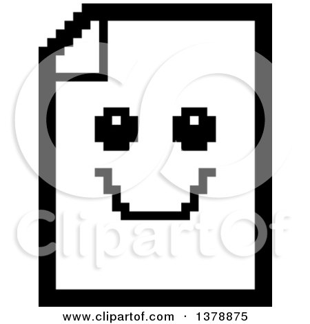 Clipart of a Black and White Happy Note Document Character in 8 Bit Style - Royalty Free Vector Illustration by Cory Thoman
