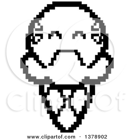 Clipart of a Black and White Crying Waffle Ice Cream Cone Character in 8 Bit Style - Royalty Free Vector Illustration by Cory Thoman