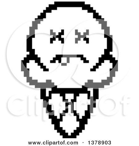 Clipart of a Black and White Dead Waffle Ice Cream Cone Character in 8 Bit Style - Royalty Free Vector Illustration by Cory Thoman