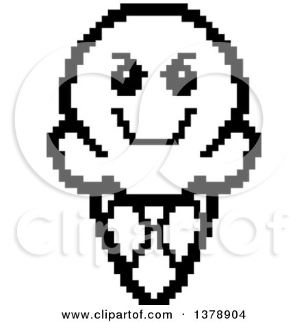 Clipart of a Black and White Grinning Evil Waffle Ice Cream Cone Character in 8 Bit Style - Royalty Free Vector Illustration by Cory Thoman
