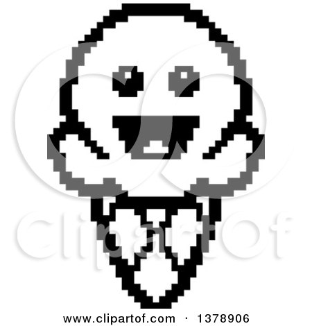 Clipart of a Black and White Happy Waffle Ice Cream Cone Character in 8 Bit Style - Royalty Free Vector Illustration by Cory Thoman