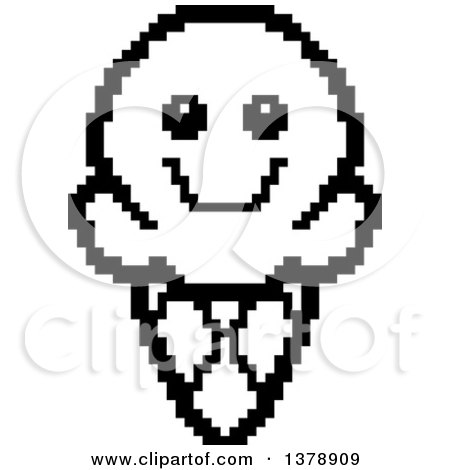 Clipart of a Black and White Happy Waffle Ice Cream Cone Character in 8 Bit Style - Royalty Free Vector Illustration by Cory Thoman