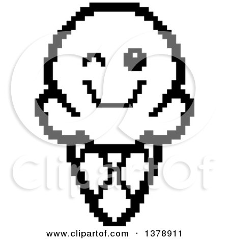 Clipart of a Black and White Winking Waffle Ice Cream Cone Character in 8 Bit Style - Royalty Free Vector Illustration by Cory Thoman