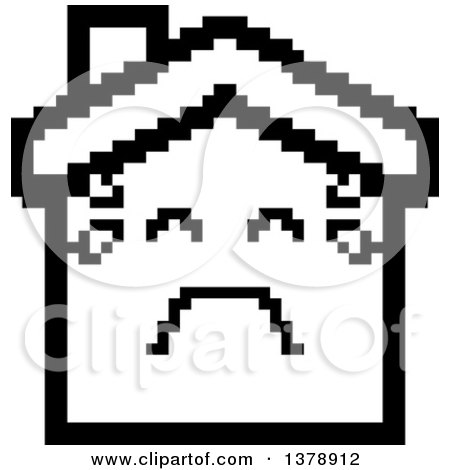 Clipart of a Black and White Crying House Character in 8 Bit Style - Royalty Free Vector Illustration by Cory Thoman
