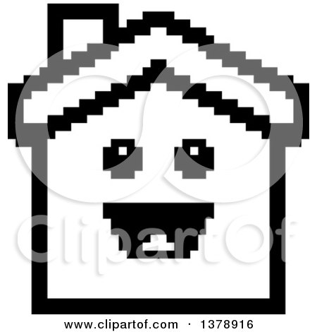 Clipart of a Black and White Happy House Character in 8 Bit Style - Royalty Free Vector Illustration by Cory Thoman