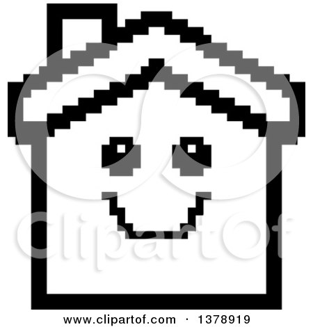 Clipart of a Black and White Happy House Character in 8 Bit Style - Royalty Free Vector Illustration by Cory Thoman