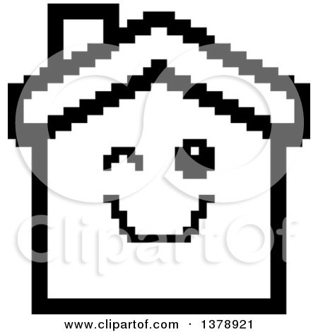 Clipart of a Black and White Winking House Character in 8 Bit Style - Royalty Free Vector Illustration by Cory Thoman