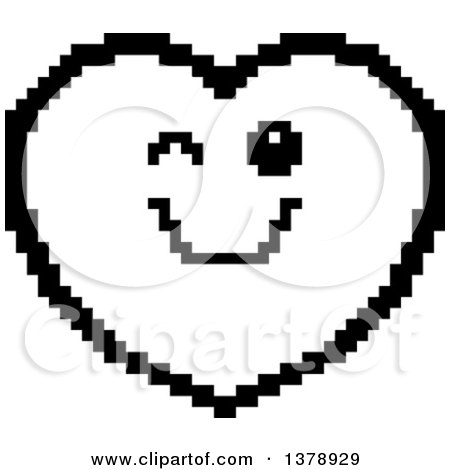 Clipart of a Black and White Winking Heart Character in 8 Bit Style - Royalty Free Vector Illustration by Cory Thoman