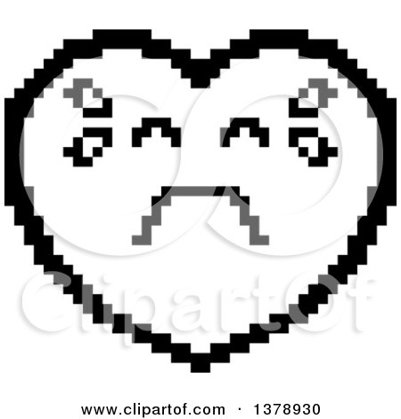 Clipart of a Black and White Crying Heart Character in 8 Bit Style - Royalty Free Vector Illustration by Cory Thoman