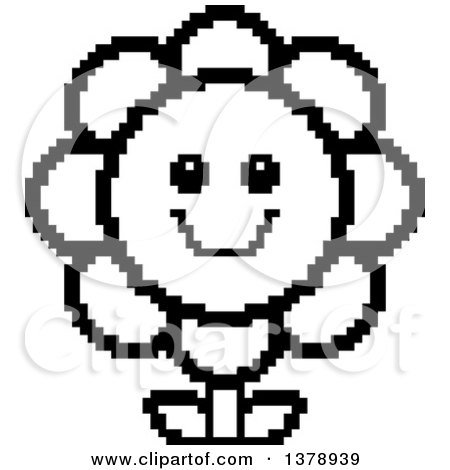 Clipart of a Black and White Happy Daisy Flower Character in 8 Bit Style - Royalty Free Vector Illustration by Cory Thoman