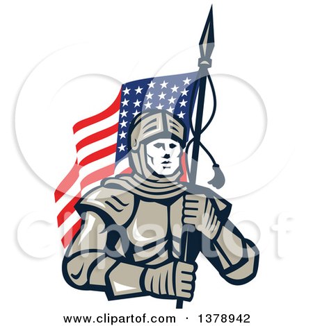 Clipart of a Knight in Metal Armour, Carrying an American Flag - Royalty Free Vector Illustration by patrimonio