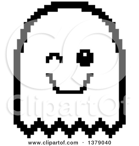 Clipart of a Black and White Winking Ghost in 8 Bit Style - Royalty Free Vector Illustration by Cory Thoman