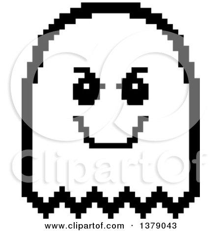 Clipart of a Black and White Grinning Evil Ghost in 8 Bit Style - Royalty Free Vector Illustration by Cory Thoman