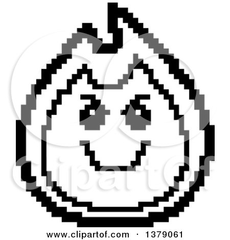 Clipart of a Black and White Grinning Evil Fire Character in 8 Bit Style - Royalty Free Vector Illustration by Cory Thoman