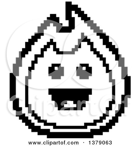 Clipart of a Black and White Happy Fire Character in 8 Bit Style - Royalty Free Vector Illustration by Cory Thoman