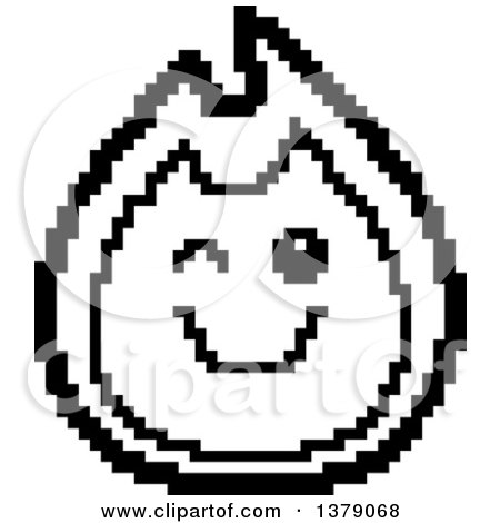 Clipart of a Black and White Winking Fire Character in 8 Bit Style - Royalty Free Vector Illustration by Cory Thoman