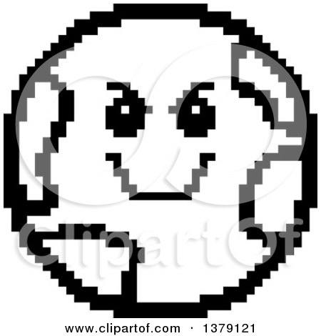 Clipart of a Black and White Grinning Evil Earth Character in 8 Bit Style - Royalty Free Vector Illustration by Cory Thoman