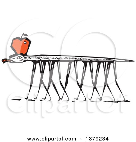 Clipart of a Woodcut Snake with Long Legs and an Apple in Eden - Royalty Free Vector Illustration by xunantunich